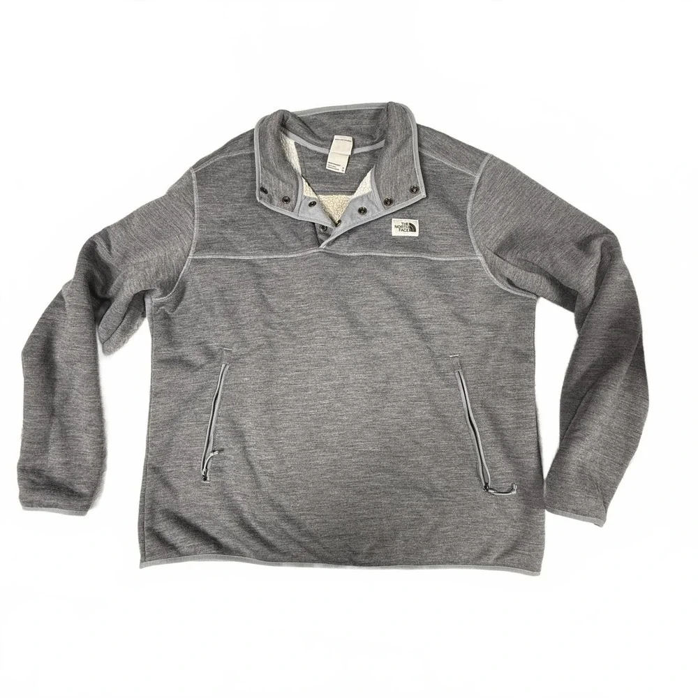 Men's The North Face Grey Fleece Pullover with Snap Button Collar XL EUC